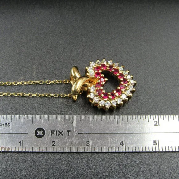 18" Sterling Silver Ruby & Cubic Zirconia Gold Plated Heart Necklace Vintage - Picture 7 of 8